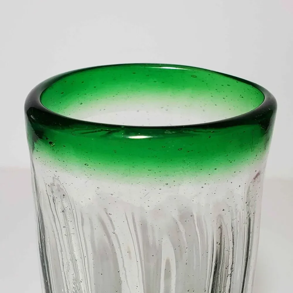 Hand Blown Glass Tumblers Green Rim